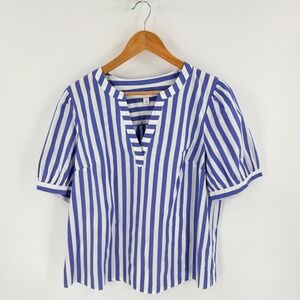 J. Crew Factory White Blue Striped Puff Short Sleeve Top Coastal Nautical Preppy